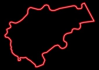 Red glowing neon map of Macerata Italy on black background.
