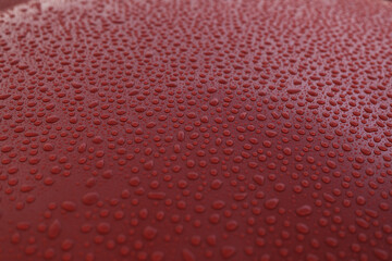 Closeup wet red car paint surface with hydrophobic ceramic coating