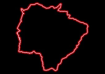 Red glowing neon map of Mato Grosso do Sul Brazil on black background.