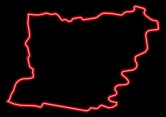 Red glowing neon map of Mayenne France on black background.