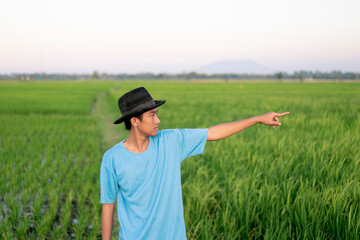 Naklejka na ściany i meble Attractive cheerful young Asian farmer standing, smiling to camera and pointing finger out to the rice field
