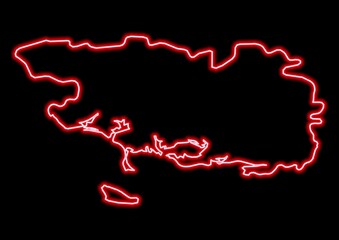 Red glowing neon map of Morbihan France on black background.