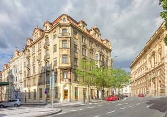 Fototapeta na wymiar Beautiful old buildings on Peace Square (or Namesti Miru) and Slezska street. Prague, Czech Republic