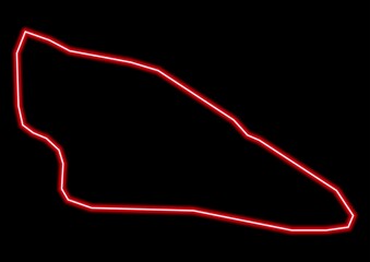 Red glowing neon map of Moûhîlî Comoros on black background.