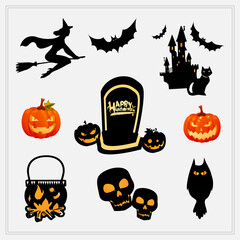 Fototapeta premium Halloween Elements Icon Set. Witch, Bat, Castle, Cat, Tombstone, Pumpkin, Cauldron Vector Icon Set