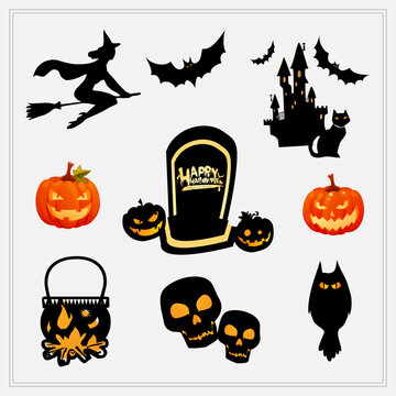 Halloween Elements Icon Set. Witch, Bat, Castle, Cat, Tombstone, Pumpkin, Cauldron Vector Icon Set
