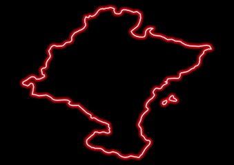 Red glowing neon map of Navarra Spain on black background.