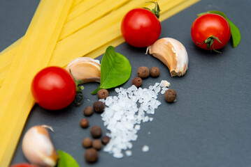 Ingredients for pasta. We cook at home. Kitchen.