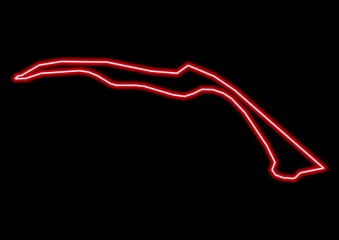 Red glowing neon map of North Abaco The Bahamas on black background.