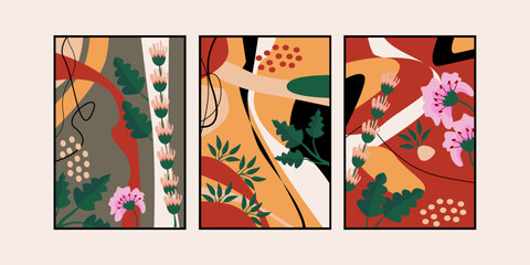 Set of three vintages flower wall art. Contemporary abstract organic wall decor, poster, wallpaper, home decorations, cards and background.