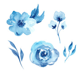.A set of illustrations of blue and purple flowers and leaves. Blue roses and anemones.