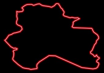 Red glowing neon map of North Khorasan Iran on black background.