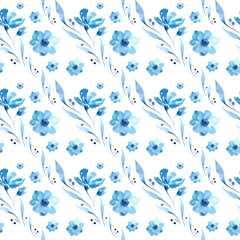 Watercolor pattern of blue flowers and leaves. frosty winter patterns. Folk ornament, Gzhel, Russia