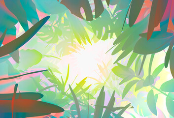 3D illustrated background of a tunnel made of leaves with fresh tropical colors