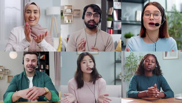 Collage of different multiethnic people in headsets speaking in front of camera and videochatting. Concept of webinar. Communication via webcam and videochat. Webinars. Vlogging and vloggers.