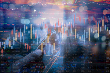 Fototapeta premium Double exposure of Stock market or forex trading graph for financial investment concept. Economy trends background for business idea and all art work design. Abstract finance background.