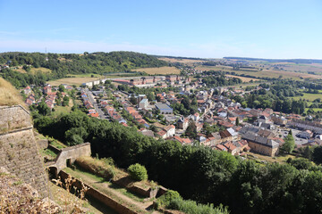 Fototapeta na wymiar Aerial view of the town of Montmédy and the surrounding countryside of Lorraine, from walls of the fortified Citadelle of Montmédy (Montmédy-haut) in North Eastern France.