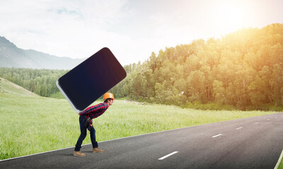 Builder man carry huge smartphone