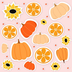 Autumn background with pumpkins, sunflowers and berries