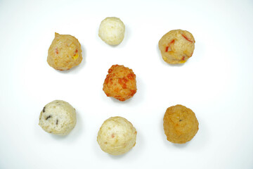 Top View Group of Fried Meatballs or Bakso Goreng Isolated White Background