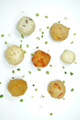 Top View Group of Fried Meatballs or Bakso Goreng Isolated White Background