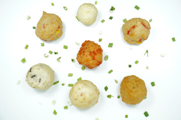 Top View Group of Fried Meatballs or Bakso Goreng Isolated White Background