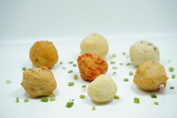 Top View Group of Fried Meatballs or Bakso Goreng Isolated White Background