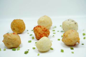 Top View Group of Fried Meatballs or Bakso Goreng Isolated White Background