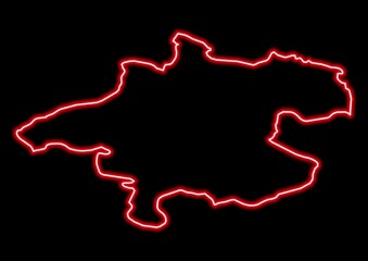 Red glowing neon map of Oberösterreich Austria on black background.