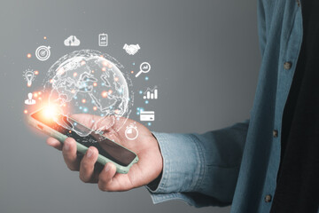 Businessman hand holding virtual Global Internet connection metaverse. Business global internet connection application technology and digital marketing, Financial and banking, Digital link tech