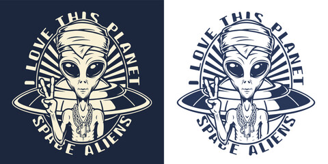 Space aliens sticker monochrome vintage
