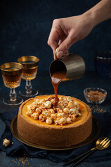 cheesecake with popcorn and salted caramel sauce