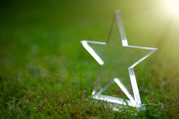 A transparent glass star on the green grass.The prize of the winner of the competition. The cup for...