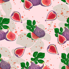 Seamless pattern with ripe fig fruits and green fig tree leaves.Colorful vector graphics.