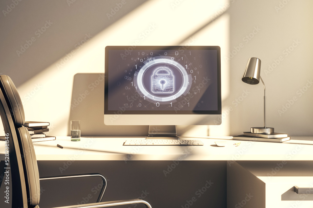 Aufkleber creative idea concept with lock symbol and microcircuit illustration on modern laptop screen. protec
