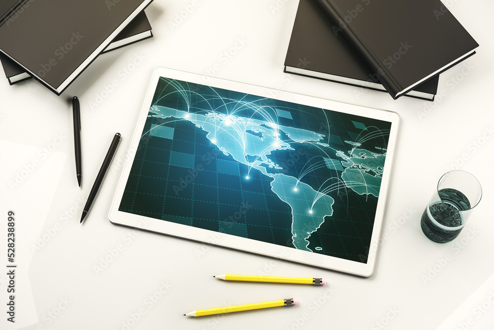 Poster abstract digital world map with connections on modern digital tablet screen, big data and blockchain