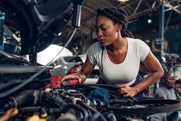 Woman Auto mechanic are repair and maintenance auto engine is problems at car repair shop.	