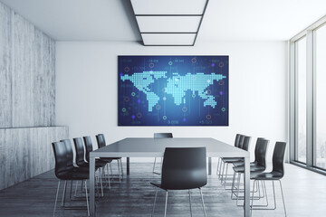 Abstract creative world map on tv display in a modern presentation room, globalization concept. 3D Rendering