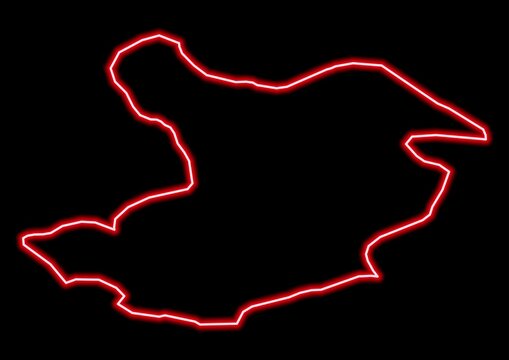 Red glowing neon map of Qazvin Iran on black background.