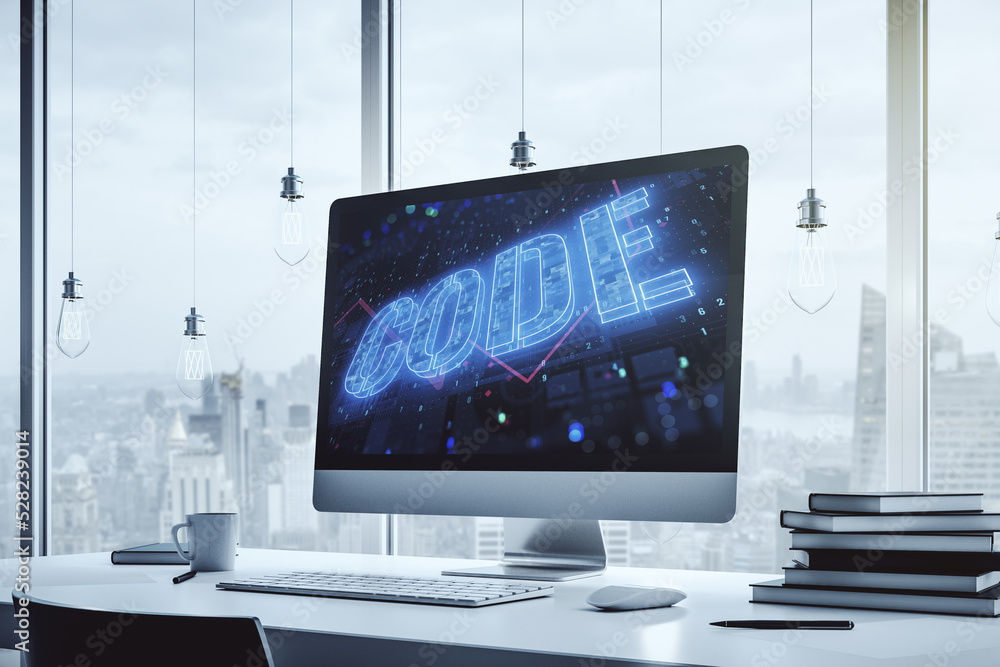 Fototapete Creative Code word sign on modern computer monitor, international software development concept. 3D Rendering