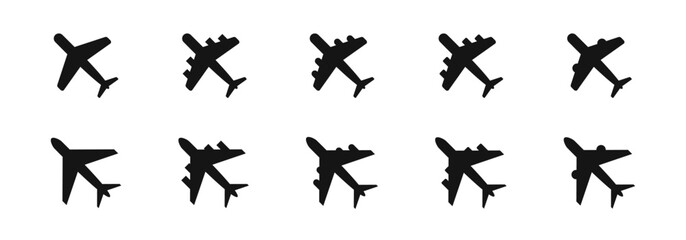 Airplane icon set. Aircraft icon collection. Aeroplane icons. Flat black flight icons. Vector graphic