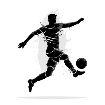 Abstract silhouette art of soccer player jumping and kicking