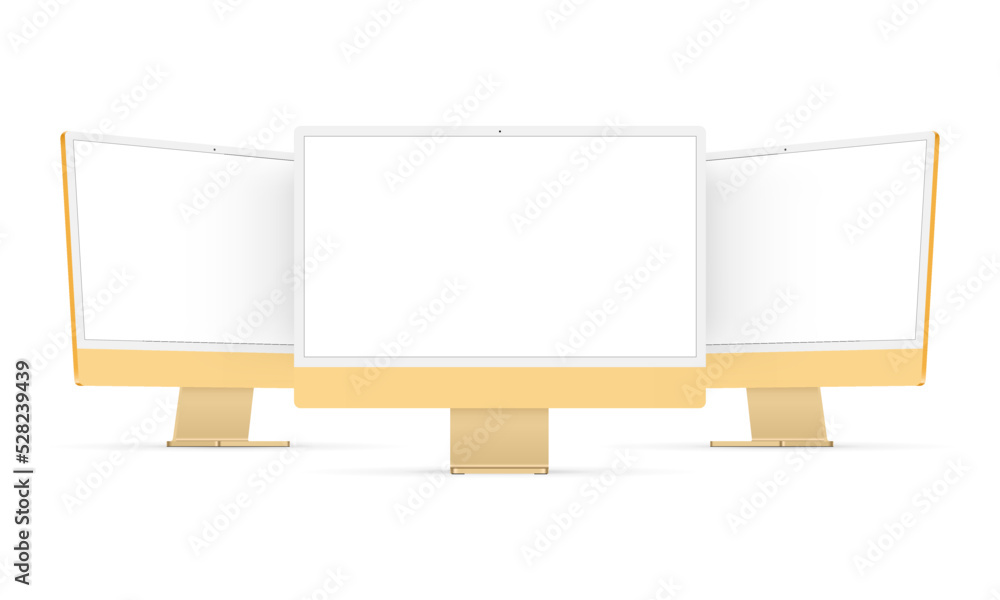 Poster modern yellow computer monitors with blank screens, front and side view, isolated on white backgroun