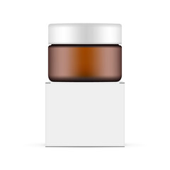 Amber Cosmetic Jar and Square Box, Front View, Isolated on White Background. Vector Illustration
