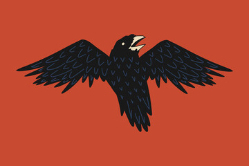 Raven on orange background. Vector illustration.