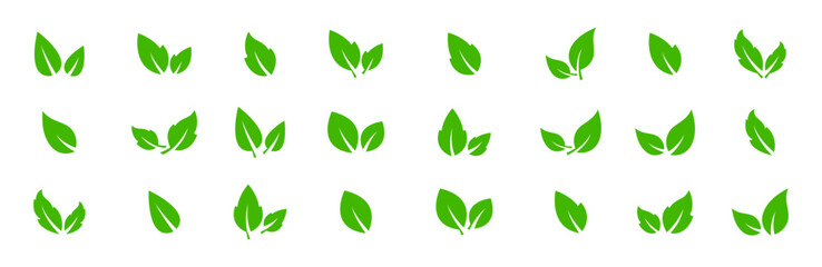 Green leafs vector icon set. Leaves, foliage icon collection. Organic, Eco and Vegan concept signs. Vector graphic