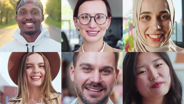 Collage of people of different cultures and nations. Men and women looking at camera and smiling. Portraits concept. Close up of males and females, diverse faces. Diversity of humans.