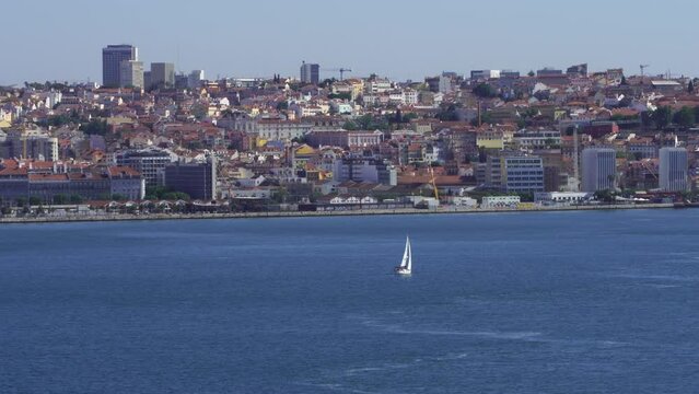 Lisbon, Portugal, tagus river, boat sailing near Lisbon
