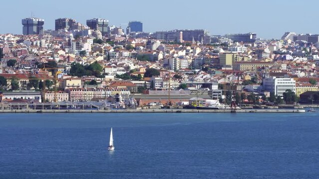 Lisbon, Portugal, tagus river, boat near Lisboa