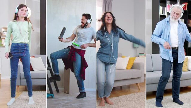 Happy cheerful Caucasian people of different ages listening to music and dancing or singing funny like stars. Mocking singers. Collage of young and old dancers at home. Having fun.
